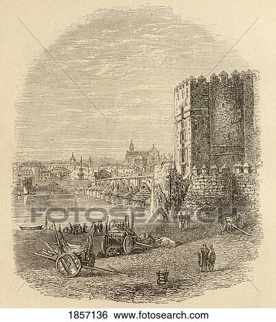 Stock Photograph - Moorish Bridge And Gate Cordoba, Spain. From The Book Spanish Pictures By The Rev Samuel Manning, Published 1870.. Fotosearch