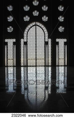 Morocco, Casablanca, Ornate wall in Hassan II Mosque with reflection on shiny floor View Large Photo Image Stock Photograph - Morocco, Casablanca, Ornate wall in Hassan II Mosque with reflection on shiny floor. Fotosearch