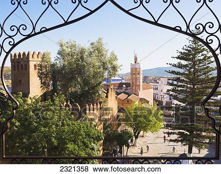 Stock Photo - Morocco, Chefchaouen Province, Chefchaouen, View to Kasbah, Place Uta Hammam and Great Mosque. Fotosearch
