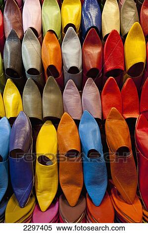 Stock Photography - Morocco, Colorful selection of Babouche slippers for sale in souk; Marrakesh. Fotosearch