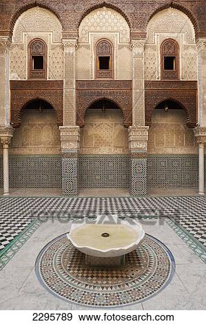 Stock Photo - Morocco, Courtyard of Medersa el Attarin in medina; Fez. Fotosearch