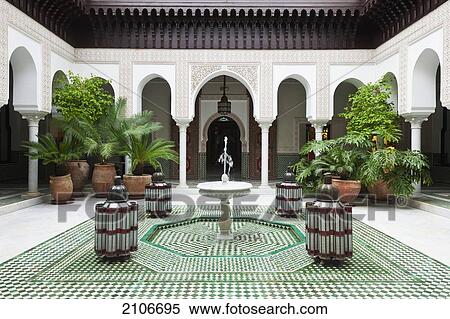 Stock Photography - Morocco, Courtyard with fountain; Marrakech. Fotosearch