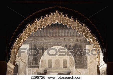 Stock Photograph - Morocco, Detail of courtyard of Medersa Bou Inania; Fez. Fotosearch
