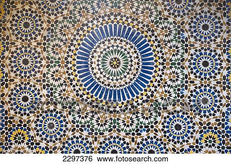 Stock Photograph - Morocco, Detail of tiling in fountain; Fez. Fotosearch