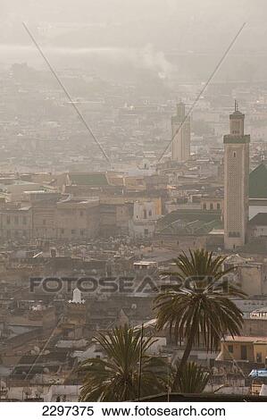 Stock Photography - Morocco, Kairaouine Mosque and Fez at dawn; Fez. Fotosearch
