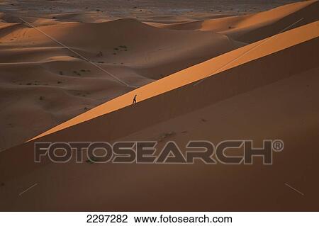 Stock Image - Morocco, Man walking up large sand dune in Erg Chebbi area; Sahara Desert near Merzouga. Fotosearch