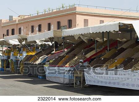 Morocco, Marrakech, Medina, Spices and food on display for sale at outdoor market View Large Photo Image Picture - Morocco, Marrakech, Medina, Spices and food on display for sale at outdoor market. Fotosearch