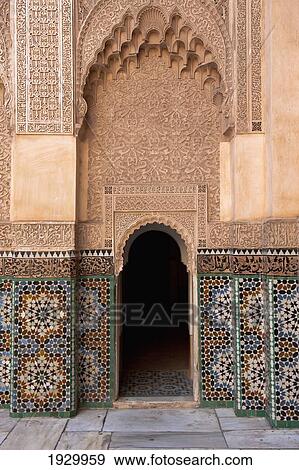 Stock Photo - Morocco, Ornate facade of Ben Youssef Medersa; Marrakesh. Fotosearch