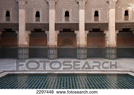 Morocco, Pool in courtyard of Ben Youssef Medersa; Marrakesh View Large Photo Image Stock Photo - Morocco, Pool in courtyard of Ben Youssef Medersa; Marrakesh. Fotosearch