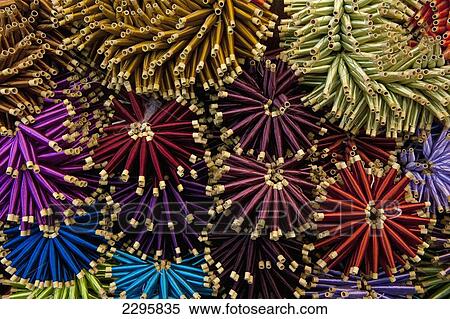 Stock Photography - Morocco, Small reels of thread for sale in shop in souks; Fez. Fotosearch