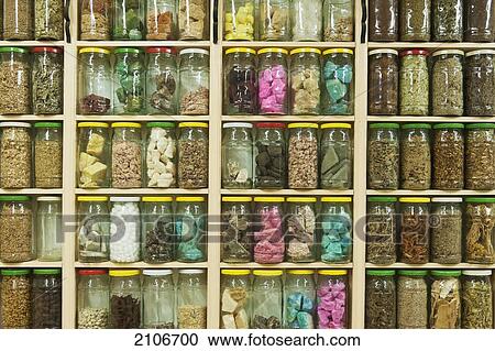 Stock Image - Morocco, Traditional medicine for sale; Marrakech. Fotosearch