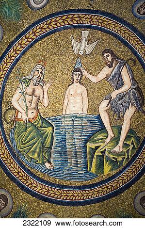 Stock Photo - Mosaic of Baptism of Christ in River Jordan, close-up; Ravenna, Emilia-Romagna, Italy. Fotosearch