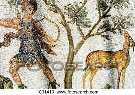Stock Image - Mosaic Of Hunter And Deer In Bardo Museum. Fotosearch
