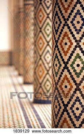 Mosaic Tiled Pillars Inside Mnebhi Palace; Marrakech, Morocco View Large Photo Image Stock Photo - Mosaic Tiled Pillars Inside Mnebhi Palace; Marrakech, Morocco. Fotosearch
