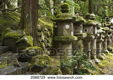Stock Photo - Moss Covered Japanese Stone Lanterns; Nara, Japan. Fotosearch
