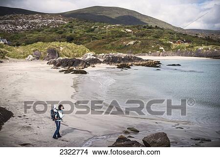 Picture - Mother and child walking on Derrynane Beach; Iveragh Peninsula, County Kerry, Ireland, UK. Fotosearch