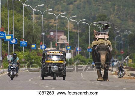 Stock Photo - Motorcyclist, Rickshaw And Elephant Going Down Road. Fotosearch