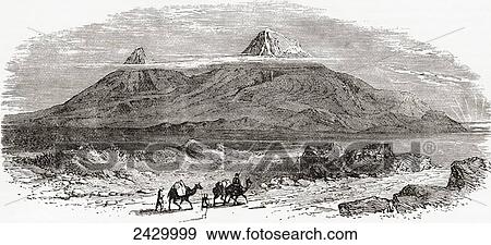 Stock Photo - Mount Ararat, Turkey seen from the plain of Erivan or Yerevan, Armenia, after a painting by J. Baillie Fraser. From The Imperial Bible Dictionary, published 1889.. Fotosearch