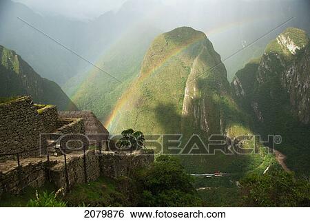 Stock Photograph - Mountain And Train Below Along Urubamba (Vilcanota) River, Machu Picchu, Peru. Fotosearch