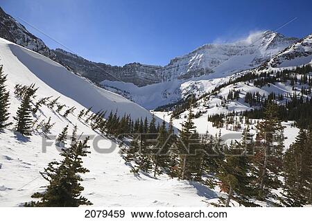Mountain Bowl With Blowing Snow On Mountain Ridge And Large Snow Drift With Blue Sky; Waterton Alberta Canada View Large Photo Image Stock Photo - Mountain Bowl With Blowing Snow On Mountain Ridge And Large Snow Drift With Blue Sky; Waterton Alberta Canada. Fotosearch