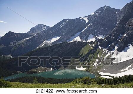 Stock Image - Mountain Lake Surrounded By Mountains With Snow From On Top Of A Wildflower Mountain Meadow With Blue Sky; Kananaskis Provincial Park Alberta Canada. Fotosearch