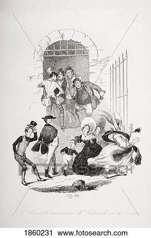 Stock Image - Mr. Bardell Encounters Mr. Pickwick In The Prison. Illustration From The Charles Dickens Novel The Pickwick Papers By H. K. Browne Known As Phiz. Fotosearch