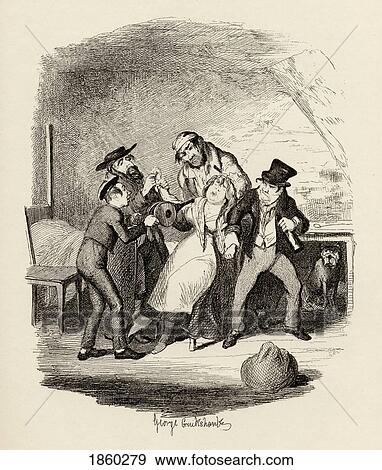 Stock Photo - Mr. Fagin And His Pupil Recovering Nancy. From The Book The Adventures Of Oliver Twist By Charles Dickens, With Illustrations By G. Cruikshank. Published By Chapman And Hall, London 1901.. Fotosearch