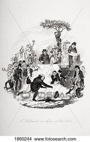 Picture - Mr. Pickwick In Chase Of His Hat. Illustration From The Charles Dickens Novel The Pickwick Papers By Robert Seymour, 1800-1836.. Fotosearch