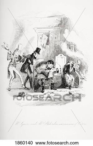 Stock Image - Mr. Squeers And Mrs. Sliderskew Unconcious Of Visitors. Illustration From The Charles Dickens Novel Nicholas Nickleby By H. K. Browne Known As Phiz. Fotosearch
