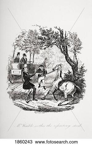 Stock Image - Mr. Winkle Soothes The Refractory Steed. Illustration From The Charles Dickens Novel The Pickwick Papers By Robert Seymour, 1800-1836.. Fotosearch