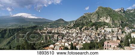 Mt Etna And Town Of Taormina, Elevated View View Large Photo Image Stock Image - Mt Etna And Town Of Taormina, Elevated View. Fotosearch