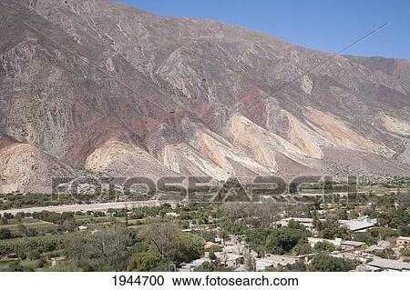 Stock Image - Multicolored mountains of the Quebrada de Humahuaca along the Rio Grande, Maimara, Jujuy, Argentina. Fotosearch