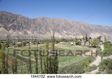 Stock Image - Multicolored mountains of the Quebrada de Humahuaca along the Rio Grande, Maimara, Jujuy, Argentina. Fotosearch