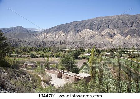 Stock Image - Multicoloured mountains of the Quebrada de Humahuaca along the Rio Grande, Maimara, Jujuy, Argentina. Fotosearch