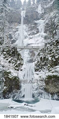 Stock Photo - Multnomah Falls In Winter, Panorama; Columbia River Gorge, Oregon, Usa. Fotosearch