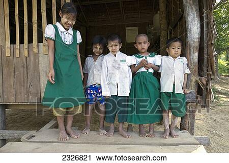 Stock Image - Myanmar (Burma), Irrawaddyi division, Young school children at village school; Poe Doke village. Fotosearch
