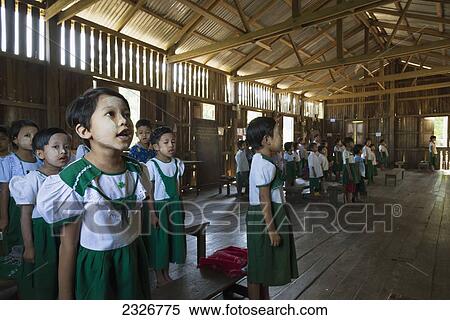 Stock Photography - Myanmar (Burma), Irrawaddyi division, Young children at school; Than Pan Ley village. Fotosearch