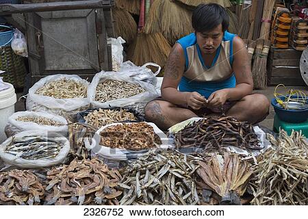 Stock Image - Myanmar, Dry fish at yangon market; Yangon. Fotosearch