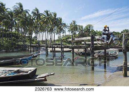 Stock Image - Myanmar, Man on motorcycle on wooden jetty over harbour with coconut trees in background; Irrawaddyi division. Fotosearch