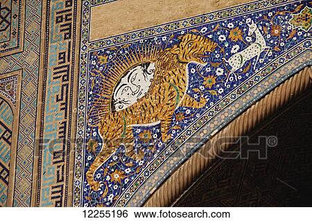Stock Photograph - Mythical beast on pishtaq, Sher Dor madrassah, Registan Square; Samarkand, Uzbekistan. Fotosearch