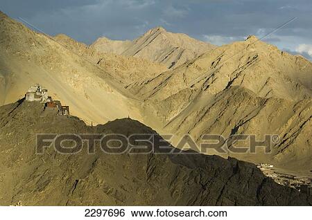 Stock Photograph - Namgyal Tsemo Gompa and fort. Leh was the capital of the Himalayan kingdom of Ladakh, now the Leh District in the state of Jammu and Kashmir, India. Leh is at an altitude of 3, 500 meters (11, 483 ft).. Fotosearch