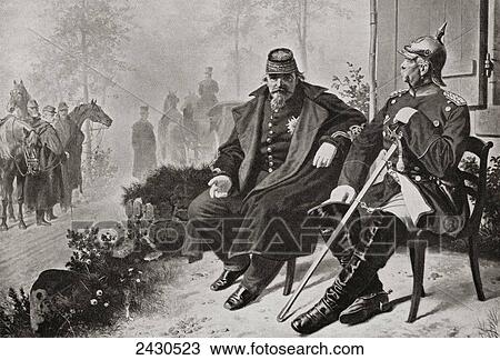 Stock Image - Napoleon III, left, having a conversation with Otto von Bismarck after being captured in the Battle of Sedan in 1870. Louis-Napol. Fotosearch
