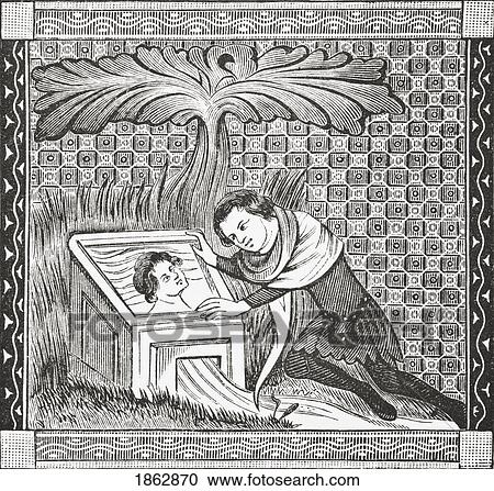 Stock Image - Narcissus At The Fountain. After A Miniature From The 14Th Century Manuscript Romance Of The Rose. From Science And Literature In The Middle Ages By Paul Lacroix Published London 1878. Fotosearch