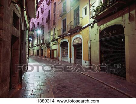 Picture - Narrow Girona Street At Night. Fotosearch