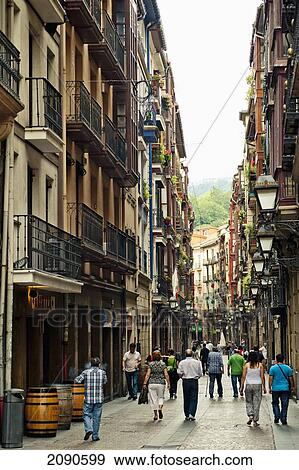 Stock Photo - Narrow Street In The Old Quarter At Bilbao, Basque Country, Spain. Fotosearch
