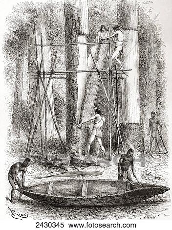 Stock Photography - Native Indians building a canoe on the banks of the Oyapock or Oiapoque River, South America, in the 19th century. From Am. Fotosearch