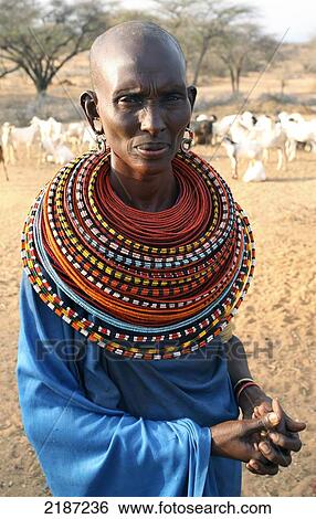 Stock Photograph - Native with colourful beaded necklace, Sumburu Manyatta village; Samburu, Kenya. Fotosearch