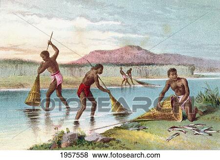 Stock Photo - Natives Fishing On Lake Malawi Aka Lake Nyassa, Mozambique, East Africa In The 19Th Century. From The Life And Explorations Of Dr. Livingstone Published C. 1875.. Fotosearch