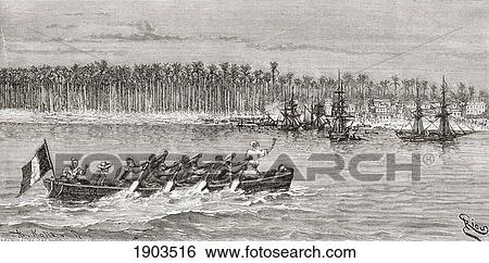 Stock Photograph - Natives Paddling Down River. From The Book Africa Pintoresca Published 1888.. Fotosearch