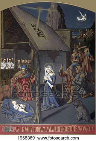 Stock Photo - Nativity Scene, After A Miniature By Jehan Foucquet. From Military And Religious Life In The Middle Ages By Paul Lacroix Published London Circa 1880.. Fotosearch